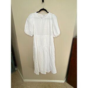 Old Navy Womens White Tiered Midi Dress M Puff Sleeve Cotton Blend Pullover